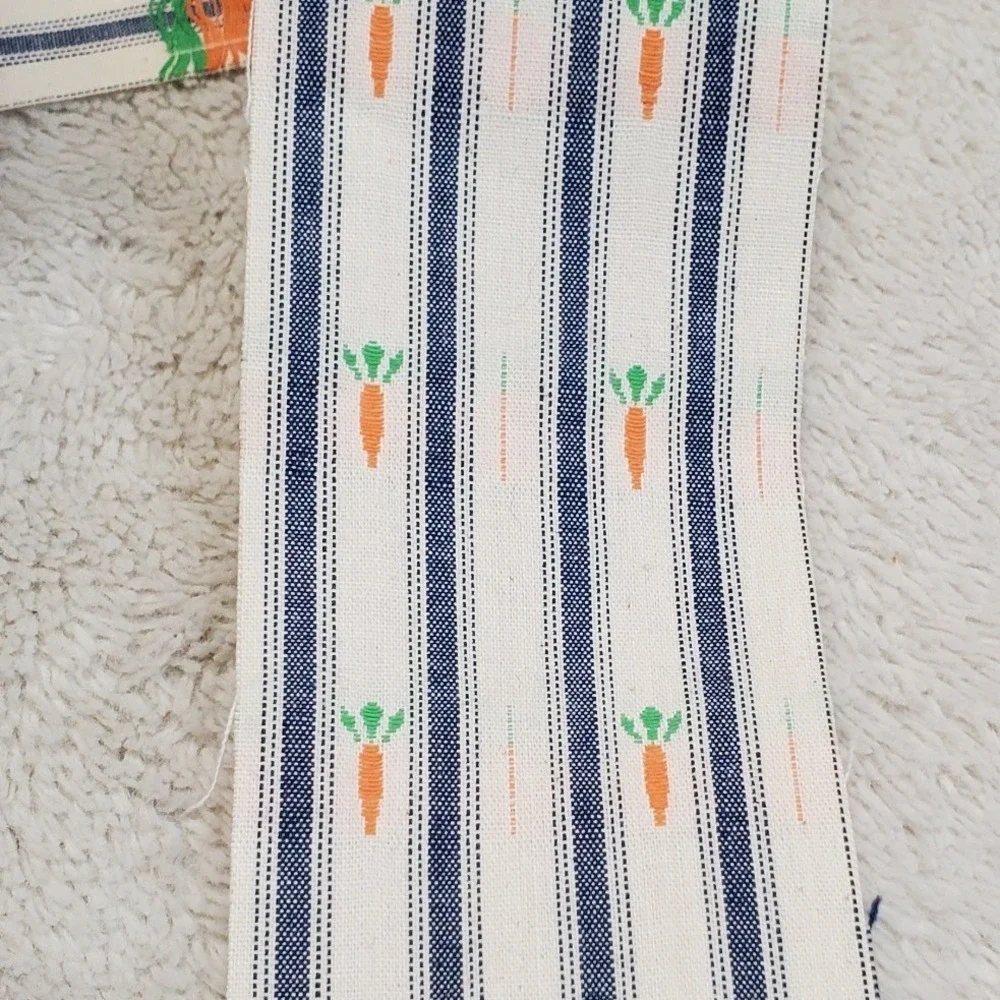 Vintage Country Blue White Ticking Striped Carrots Woven Fabric Ribbon 11.5 Yard